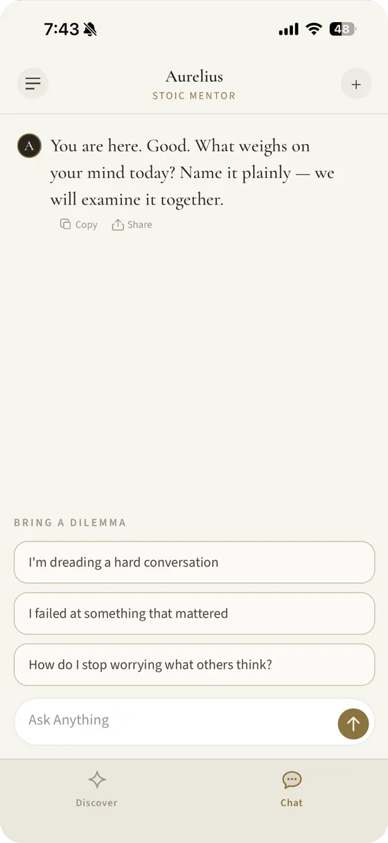 A conversation with the Aurelius AI mentor, offering starting points such as “I am dreading a hard conversation.”