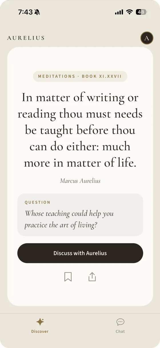 The Aurelius daily passage from Meditations Book XI with a reflective question and a button to discuss it with the AI mentor.